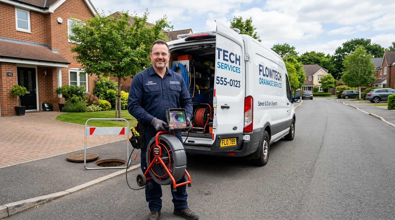 Professional sewer and drain technician with pipe inspection equipment in Phoenix